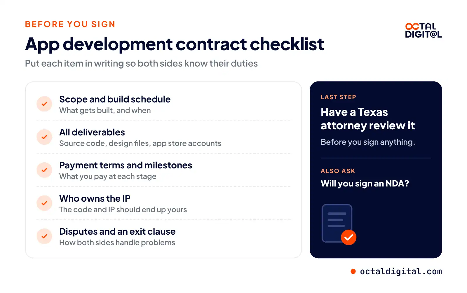 App development contract checklist: scope, deliverables, payments, IP ownership, disputes and exit clause