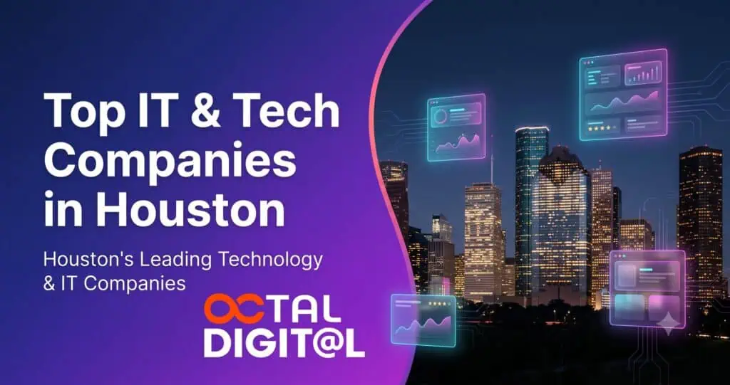 Houston's leading technology and IT companies skyline with digital data overlays.