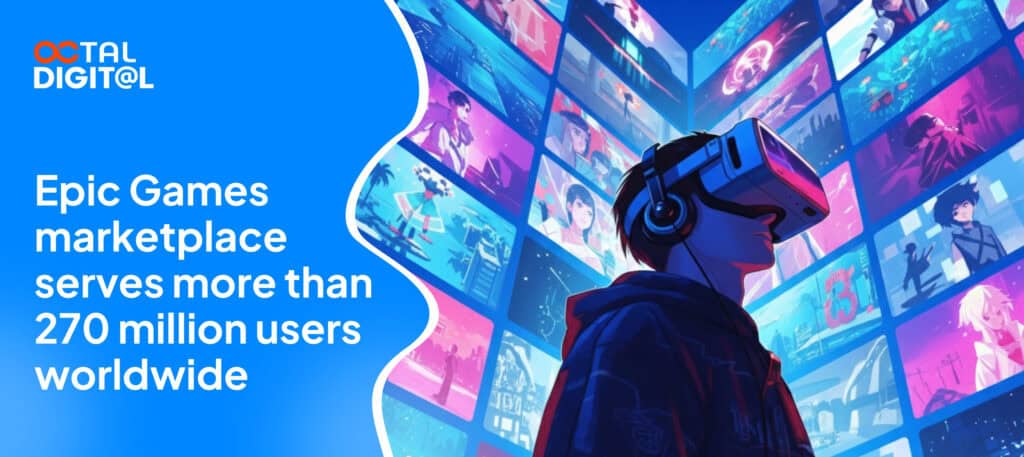 Virtual reality gamer with multiple screens displaying game content.