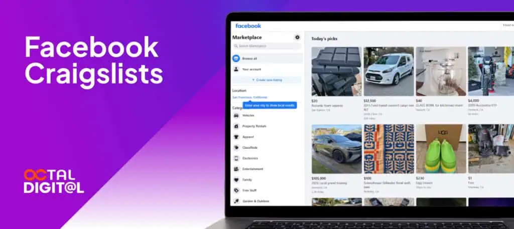Facebook marketplace screen displaying various vehicle and item listings for sale as a craigslist alternatives