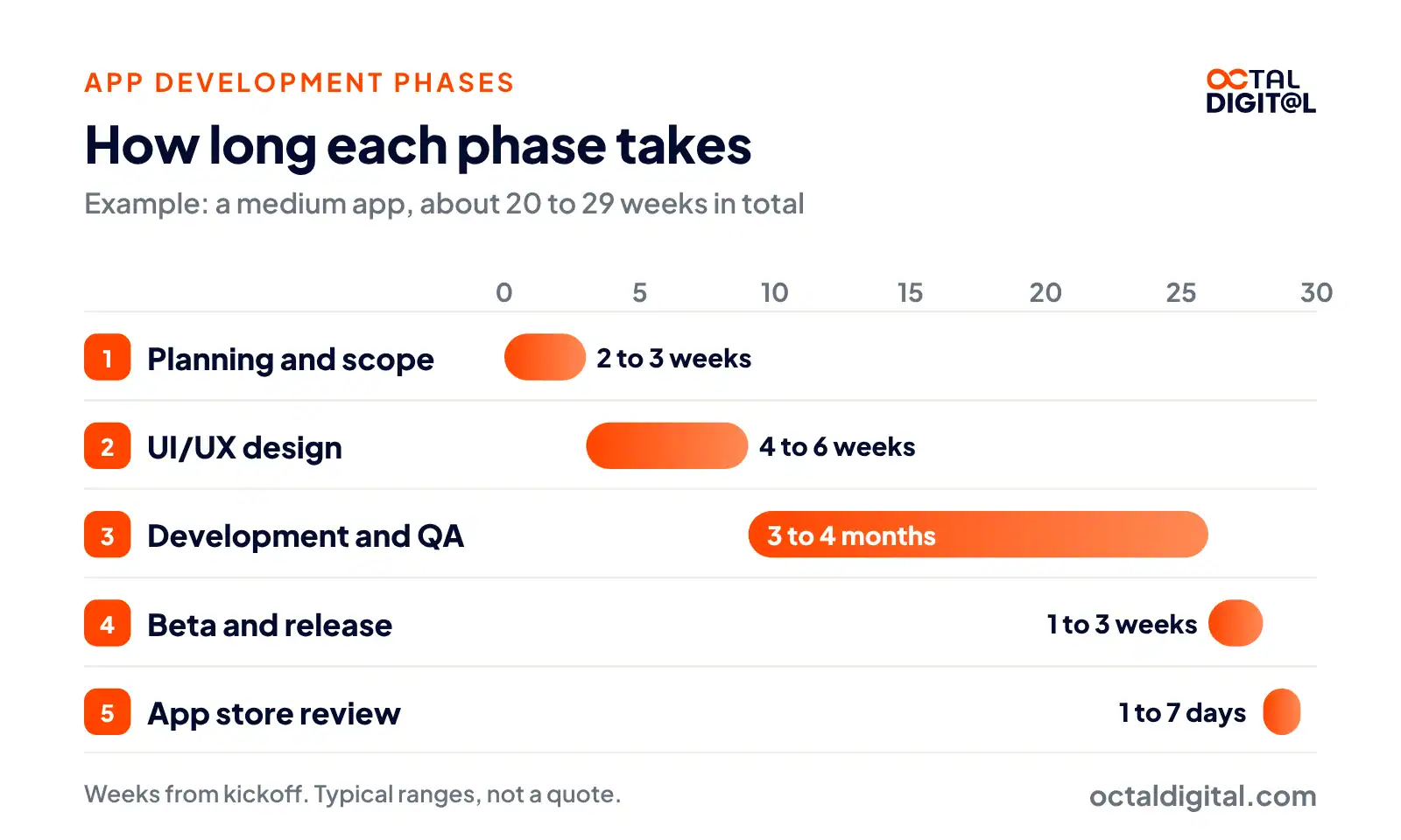 App development phases timeline for a medium app: planning, design, development and QA, beta, store review