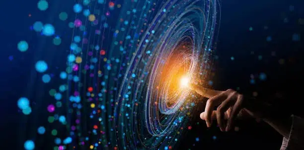 Futuristic digital interface with glowing data points and swirling light patterns.